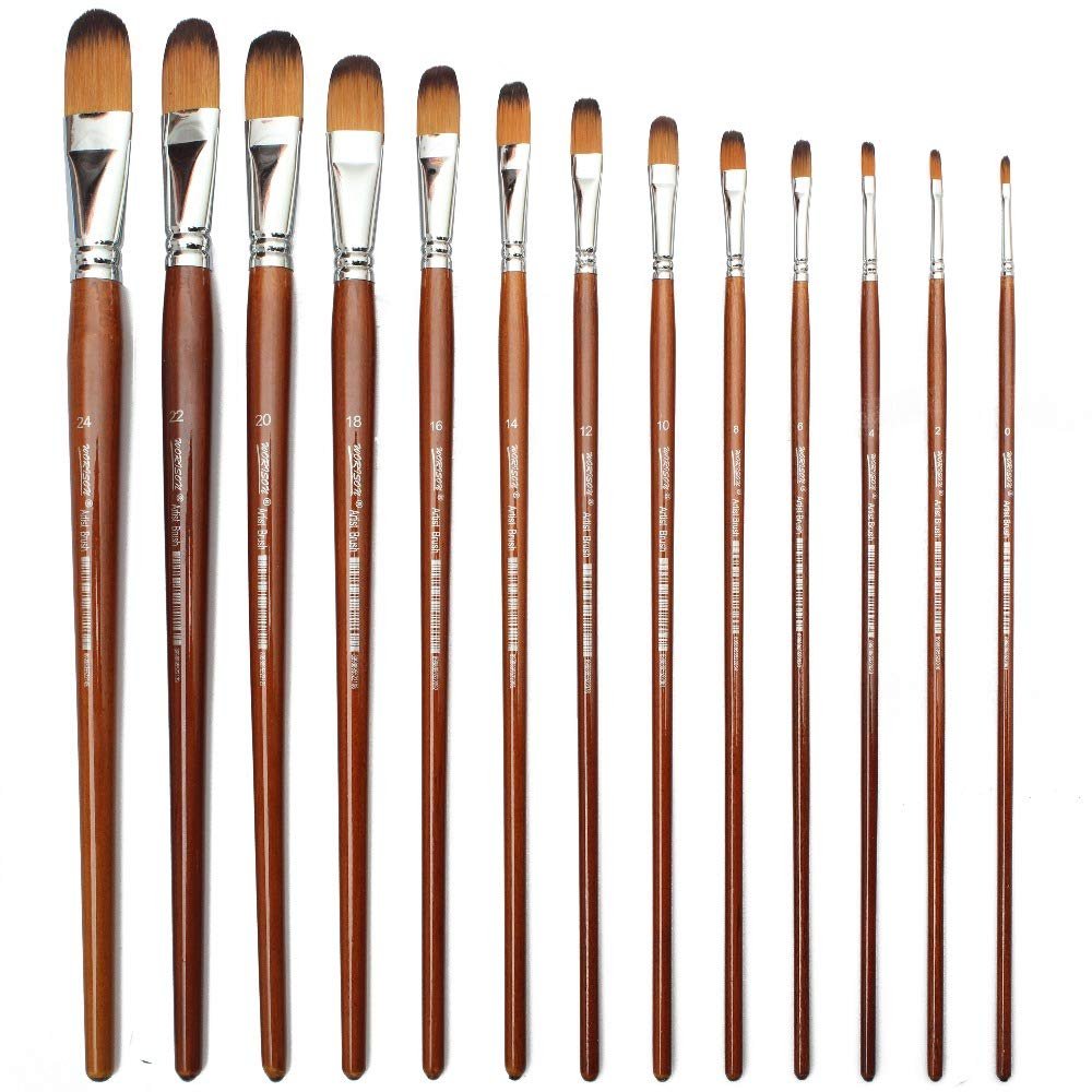 Chrome Stationery Long Handle Synthetic Filbert Tip Artist Paint Brushes – 13 Piece Set